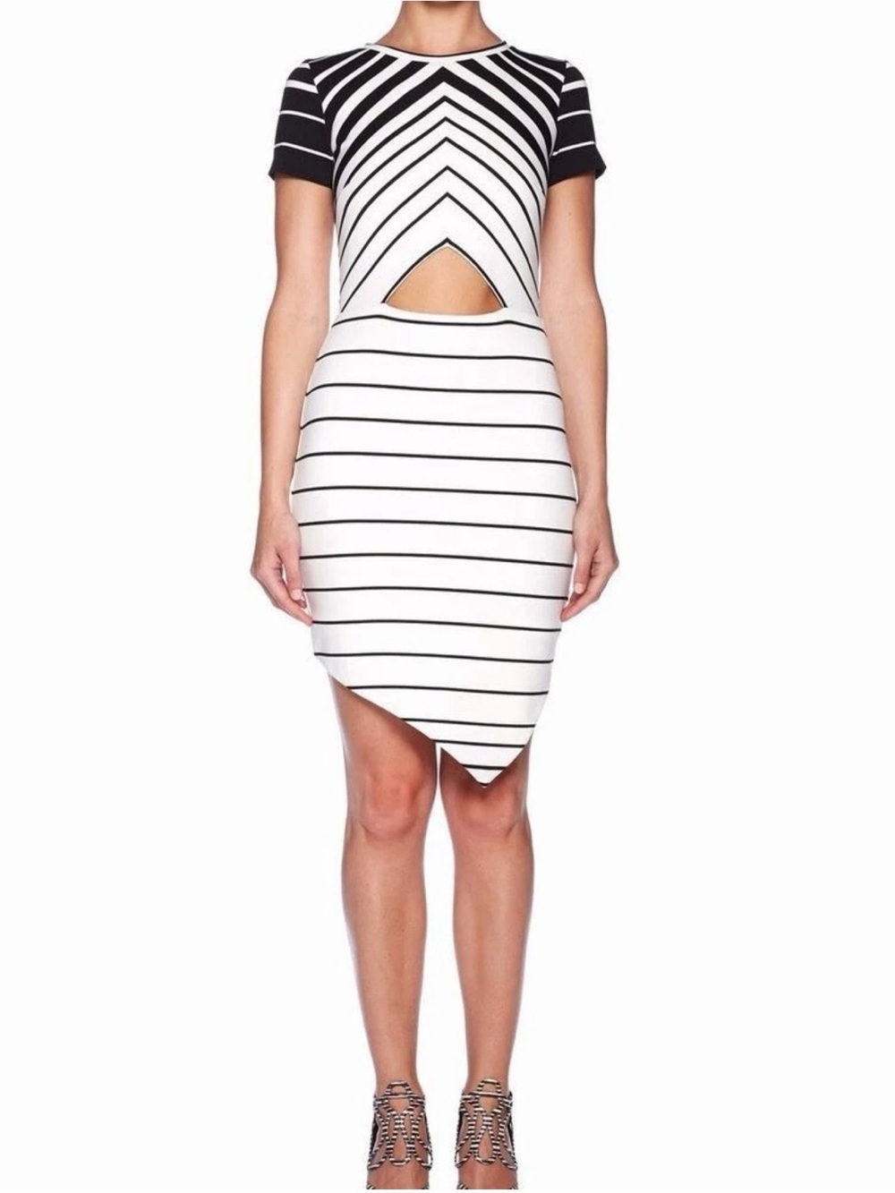 bec + bridge Black and White Striped Asymmetrical Cutout Dress Sz 2